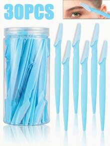 30pcs Blue Eyebrow Trimming Razor Set, Eyebrow Trimmer And Razor, Exfoliating Skin Scraper Tool, Body Hair Removal Trimmer And Facial & Set, Long Handle Blade With Precision Protective Cap, Women's Eyebrow Grooming Tool, Suitable For Daily Or Travel Use - Blue - View 9