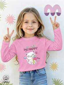 Girls Cotton Raglan Long Sleeve Tee For Fall Winter, Cute Cartoon Cat Holding Ice Cream Print With Heart Decor, Sweet Preppy School Style - Light Wine Red - View 2