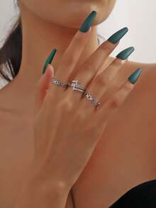 MESTILO 3pcs/Set Stainless Steel Hollow Out Geometric & Letter Rings With Cold Tone For Women, Party Gift - Gold - View 10