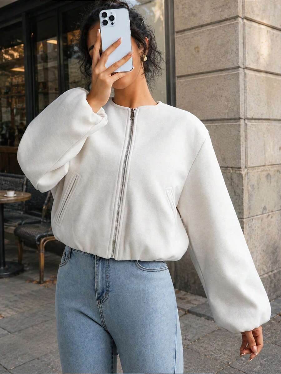 女款短版棒球飛行員夾克外套,秋冬休閒短版夾克 - 白色 - 查看 1