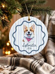 Personalized Photo Round Ceramic Christmas Ornament, Custom Name & Year, Macaron Color Striped Wavy Border, Christmas Tree Hanging Decor, Upload Family Baby Pet Portrait, Commemorative Keepsake Gift - Multicolor - View 4