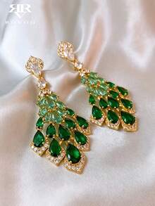 1 Pair Elegant Cubic Zirconia Teardrop Tassel Dangle Earrings, Suitable For Women's Wedding And Party Wear - Golden Yellow+Green - View 5