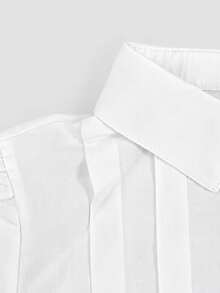Women Collared Half Placket Short Sleeve Shirt, Solid Linen‑Texture Pleated Front Loose Fit Casual Fall Blouse - White - View 4