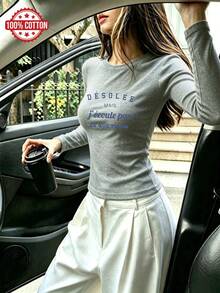 Women's Pure Cotton Long Sleeve T-Shirt French Minimalist Style With Blue Letter Print, Crew Neck Slim Fit, Autumn Winter Basic Layering Tee - Grey - View 2