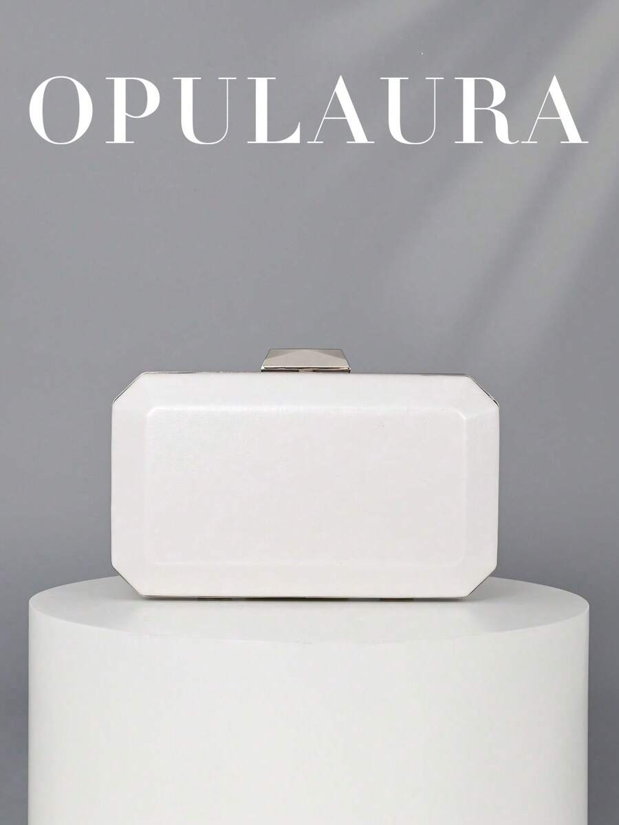 OpulAura 復古優雅皮革手拿包，極簡設計時尚晚禮服包，迷人且高雅的正式派對包，高級方盒手拿包，適合派對/婚禮/正式場合晚餐，附鏈條可肩背/斜背 - 白色 - 查看 1