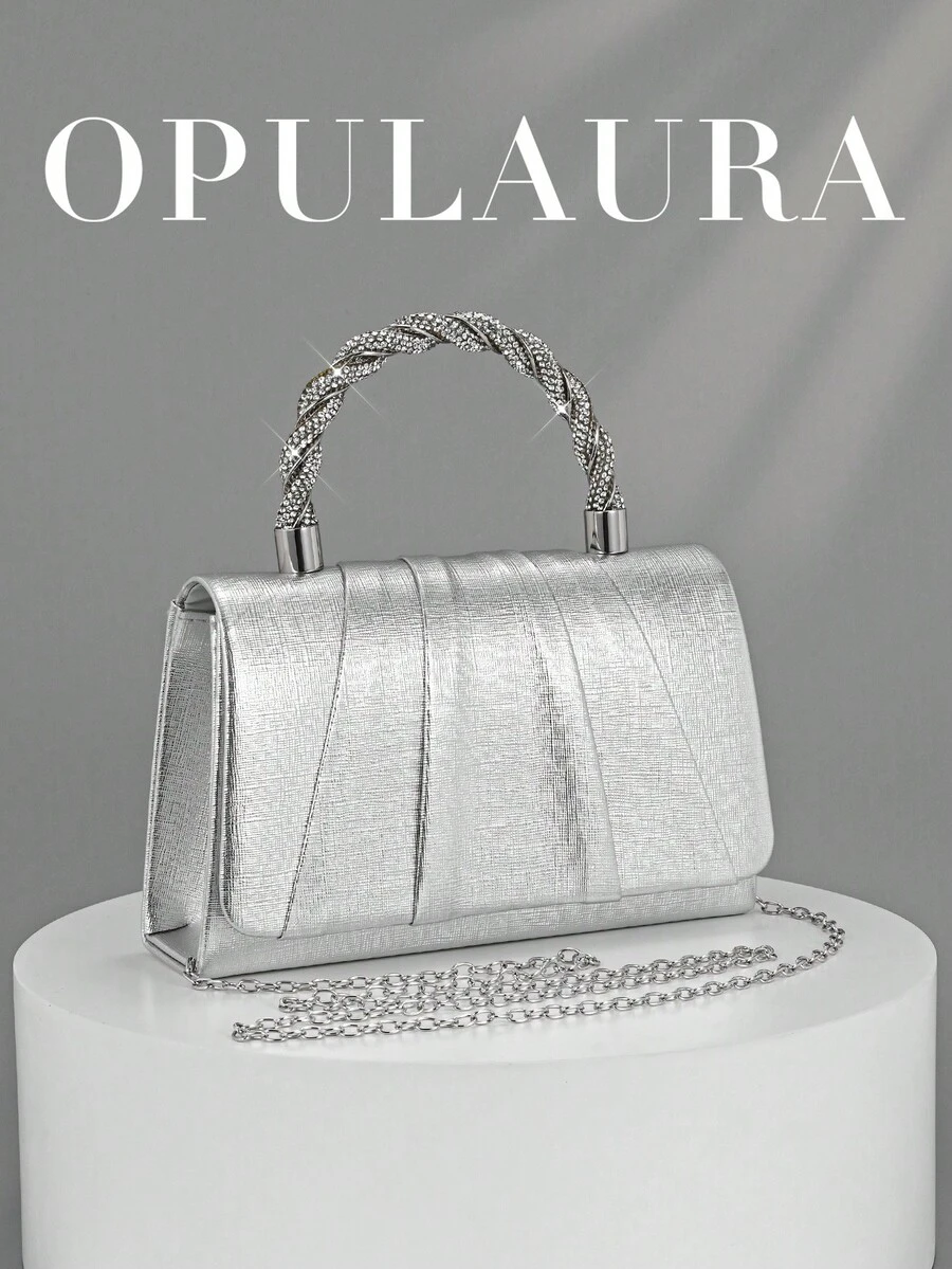 Bolso de mano OpulAura con strass brillante, encantador, elegante, exquisito, lujo silencioso, bolso de noche de cuero PU brillante de lujo, bolso de mano decorado con strass brillante, bolso de mano para mujer adecuado para chicas de fiesta, damas, novias, perfecto para fiestas, bodas, bailes de graduación, cenas/banquetes, a juego, vestidos de novia perfectos, vestidos de noche para mujer, vestidos de graduación, vestidos de cumpleaños - Plateado - Ver 1