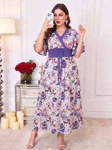 Plus Size Women's Short Sleeve Bell Sleeve Printed Maxi Dress, Contrast Color Collar Design With Front Tie - Multicolor - View 4