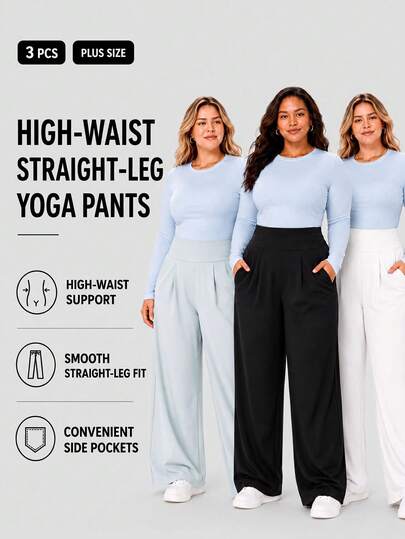 3 peças Calças de Ioga de Cintura Alta e Perna Larga para Mulher Plus Size, Calças Desportivas Casuais Soltas com Bolsos Laterais, Calças de Ioga de Estilo Minimalista Adequadas para Uso Diário, Ioga, Desporto, Todas as Estações