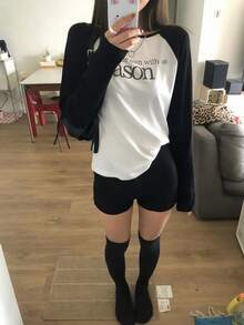 Women's Letter Print Colorblock Casual Daily Long Sleeve Top - Black and White - View 6