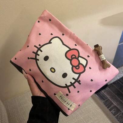 Sanrio Hello Kitty Canvas Makeup Bag, Cute Cartoon Heart Print Cosmetic Storage Bag, Japanese Style Cute Portable Travel Large Capacity Storage Bag