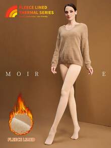 MOIRÉALLURE 1雙裝 女款時尚不透明刷毛保暖高彈力內搭緊身褲 - 膚色 - 查看 3