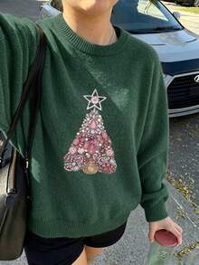 女款圓領毛衣，仿水鑽粉色聖誕樹印花，時尚秋冬造型 - 深墨綠 - 查看 4