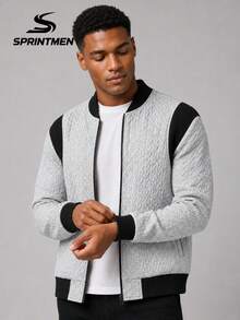 1pc Grey Contrast Baseball Collar Men's Sweatshirt, Men's Sweatshirt Jacket, Men's Long Sleeve Sweatshirt With Black Ribbed Shoulder Patchwork Design, Sporty Casual Style, Suitable For Campus, Commuting, Shopping, Afternoon Tea Gathering, Office - Grey - View 1