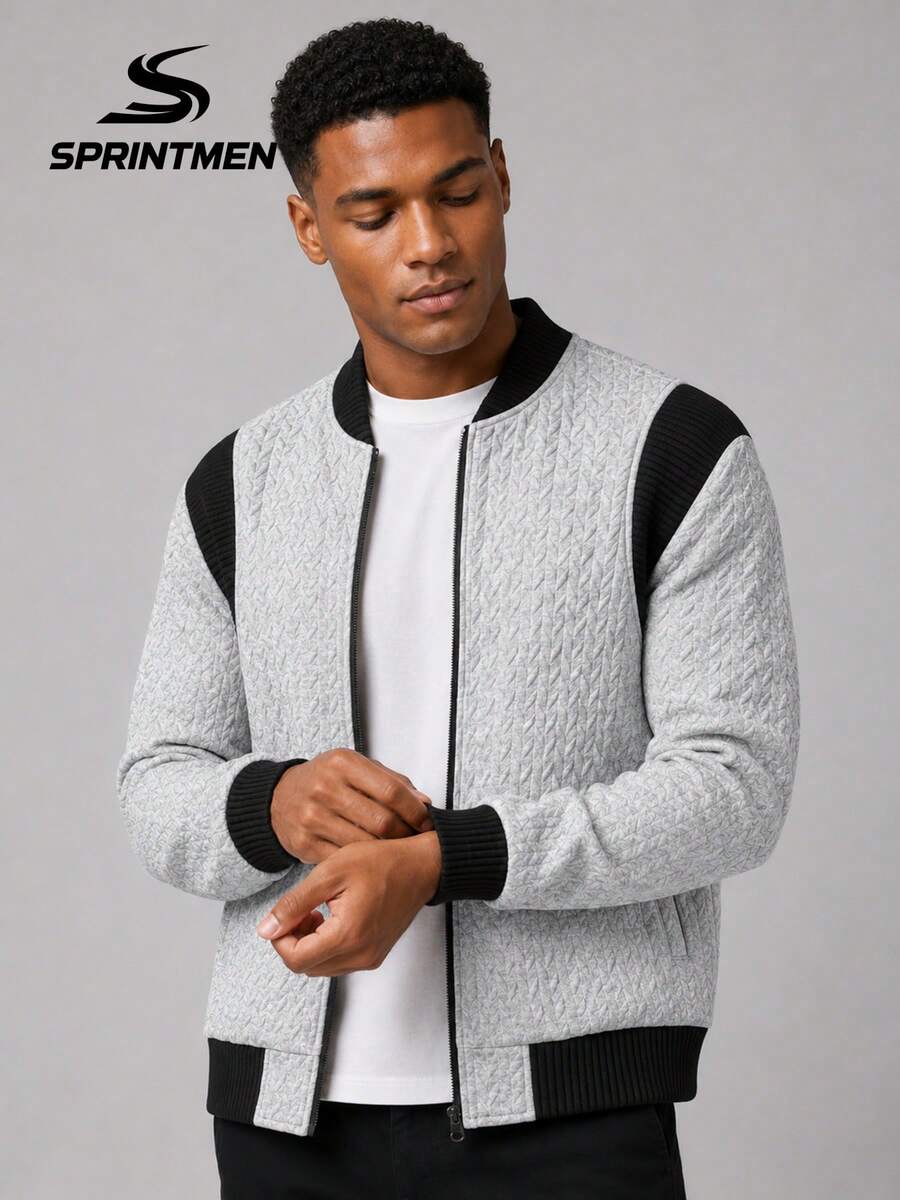 1pc Grey Contrast Baseball Collar Men's Sweatshirt, Men's Sweatshirt Jacket, Men's Long Sleeve Sweatshirt With Black Ribbed Shoulder Patchwork Design, Sporty Casual Style, Suitable For Campus, Commuting, Shopping, Afternoon Tea Gathering, Office - Grey - View 1