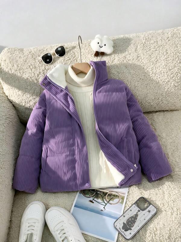 Tween Girls' Solid Color Corduroy Stand Collar Padded Coat, Autumn/Winter