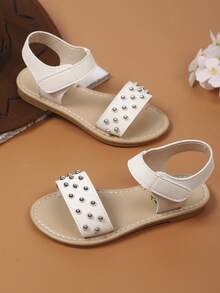 Sandal bệt đế mềm mùa hè cho bé gái, thiết kế đính đinh mới cho trẻ tập đi và trẻ lớn, size lớn - trắng - Xem 3