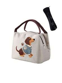 Cute Dachshund Striped Lunch Bag With Utensil Storage, 2D Flat Pattern, Portable Insulated Lunch Bag, Handheld Lunch Bag, Multi-Functional Thermal Bag, Office Lunch Bag, Suitable For School, Picnic, Commute, Reusable, Waterproof Lunch Box, Back To School Essential, Unique Party Gift, Back To School Gift, New Job Gift, Birthday Gift - Multicolor - View 12