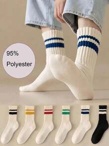 5/6 Pairs Random Men's Mid-Calf Socks, Fashionable Style, Moisture-Wicking, Long Socks, Striped Letter Pattern, Japanese Streetwear Style, Suitable For Daily Wear - Multicolor - View 1