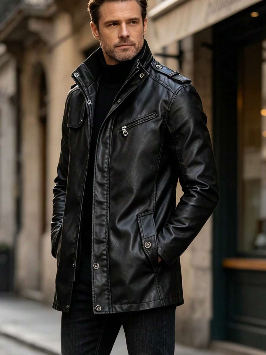 Men's Outdoor PU Leather Jacket, Mid-Length Stand Collar Casual Leather Jacket, Spring/Autumn Top - Black - View 1