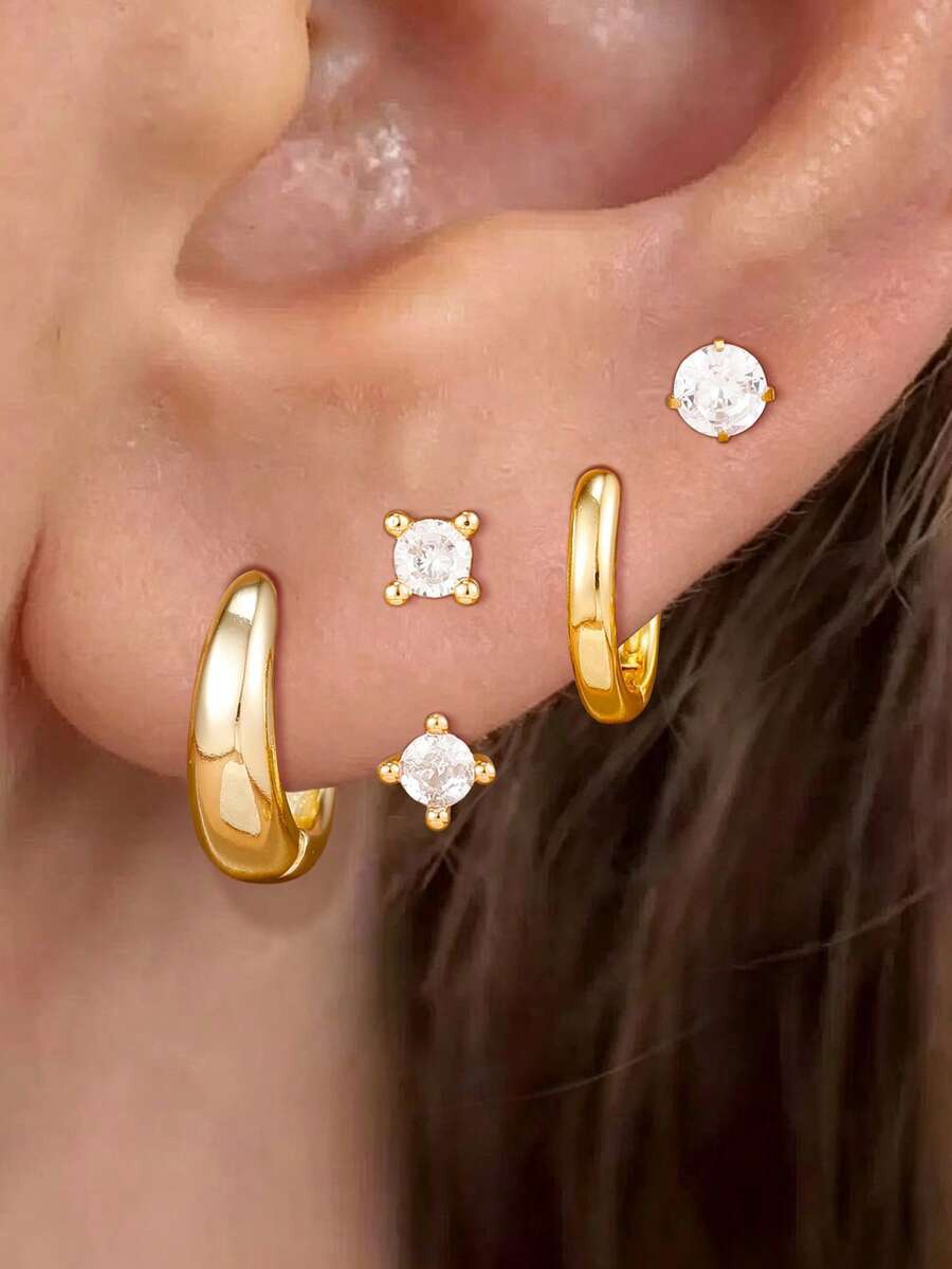 4PCS Light Luxury Geometry Zirconia Hoop Earrings Set For Women 18K Gold Plated Stainless Steel Round Ear Stud Hypoallergenic Party Jewelry Gift - 4PCS-gold - View 1
