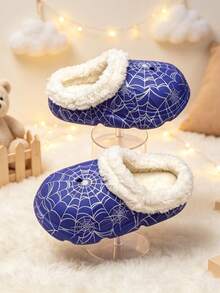 Boy's And Girl's Children's Spider-Web Pattern Fleece Slip-On Slip-On Shoes With Holes. Children's Warm Home Shoes, Suitable For Daily Use At Home. - Blue - View 3