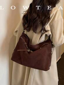 1pc Suede Fabric Shoulder Bag With Adjustable Strap, Suitable For Commuting, Shopping And More - Coffee - View 10