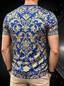 Blue & Gold Baroque Style All-Over Sublimation Print Men's Short Sleeve T-Shirt, Polyester Fiber Loose Fit Crew Neck Casual Summer Top - Multicolor - View 3