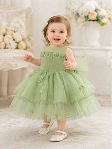 Baby Girl Sweet 3D Floral Decor Tulle Princess Dress Party Flower Girl - Green - View 3