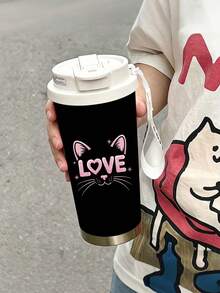 1pc/5pcs 500ml Cute Cat Heart Travel Mug, Double-Wall Stainless Steel Insulated Cup, Cute Pink Cat Ear & LOVE Letter Print Design, Portable Coffee Cup With COFFEE Print Lanyard, Leak-Proof Insulated Mug, Suitable For Daily Commute, Outdoor & Travel - Black-kitty Love - View 6