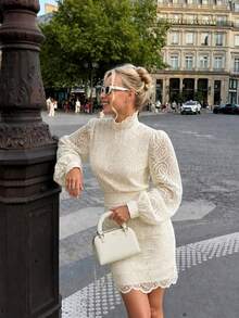 Autumn Promotion Floral Lace Sheer 2pcs Sets Women's Autumn French Vintage Elegant Creamy Color Lace Mesh Stand Collar Puff Sleeve High Waist White - White - View 2