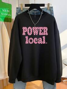 High Street Pink Polka Dot Large Letter Print Black Oversized Crew Neck Sweatshirt, Women's Autumn Apparel - Black - View 4
