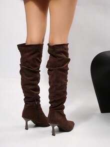 FVPFVP Women's Patent Leather Square Toe High Shaft Tall Boots, Slimming Knight Boots With Chunky High Heel, Autumn/Winter - Coffee Brown - View 6