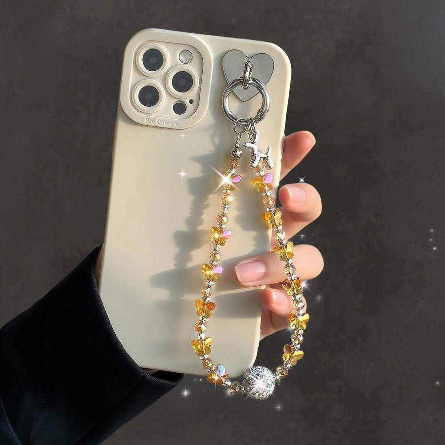 1pc Y2K Sweet & Cool Gold Butterfly Phone Chain, Iridescent Crystal Beaded Rhinestone Ball, Hot Girl Ins Style Phone Charm