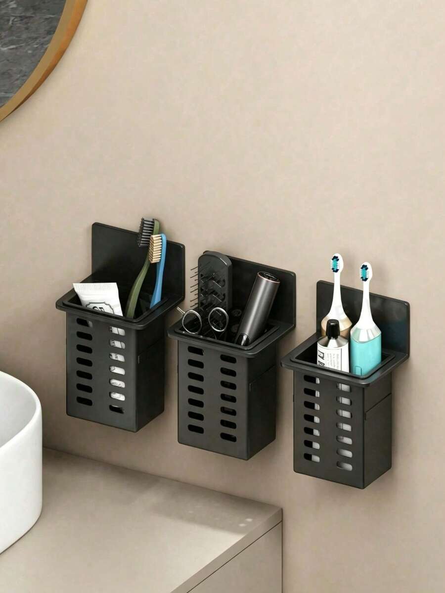 3-1 Piece Wall-Mounted Storage Rack Set, No-Drill Wall-Mounted, Bathroom Cosmetic Storage Rack, Comb And Makeup Brush Storage Rack, Can Store Toothbrush, Toothpaste, Comb, Razor, Remote Control, Suitable For Dining Room, Bathroom, Bedroom And Other Locations Kitchen And Bathroom Accessories. - Black - View 1