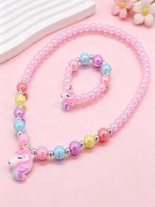 2pcs/Set Kids Unicorn Heart Charm Colorful Beaded Necklace & Bracelet Jewelry Set, Suitable For Daily Wear - one-size - View 3