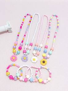 8pcs Perhiasan Anak-Anak, Set Kalung & Gelang Manik-manik Warna-warni dengan Liontin Bunga Daisy Lucu, Cocok untuk Aksesoris Anak Perempuan, Pakaian Sehari-hari, Pesta, Hadiah Ulang Tahun, Warna Acak - MultiWarna - View 4