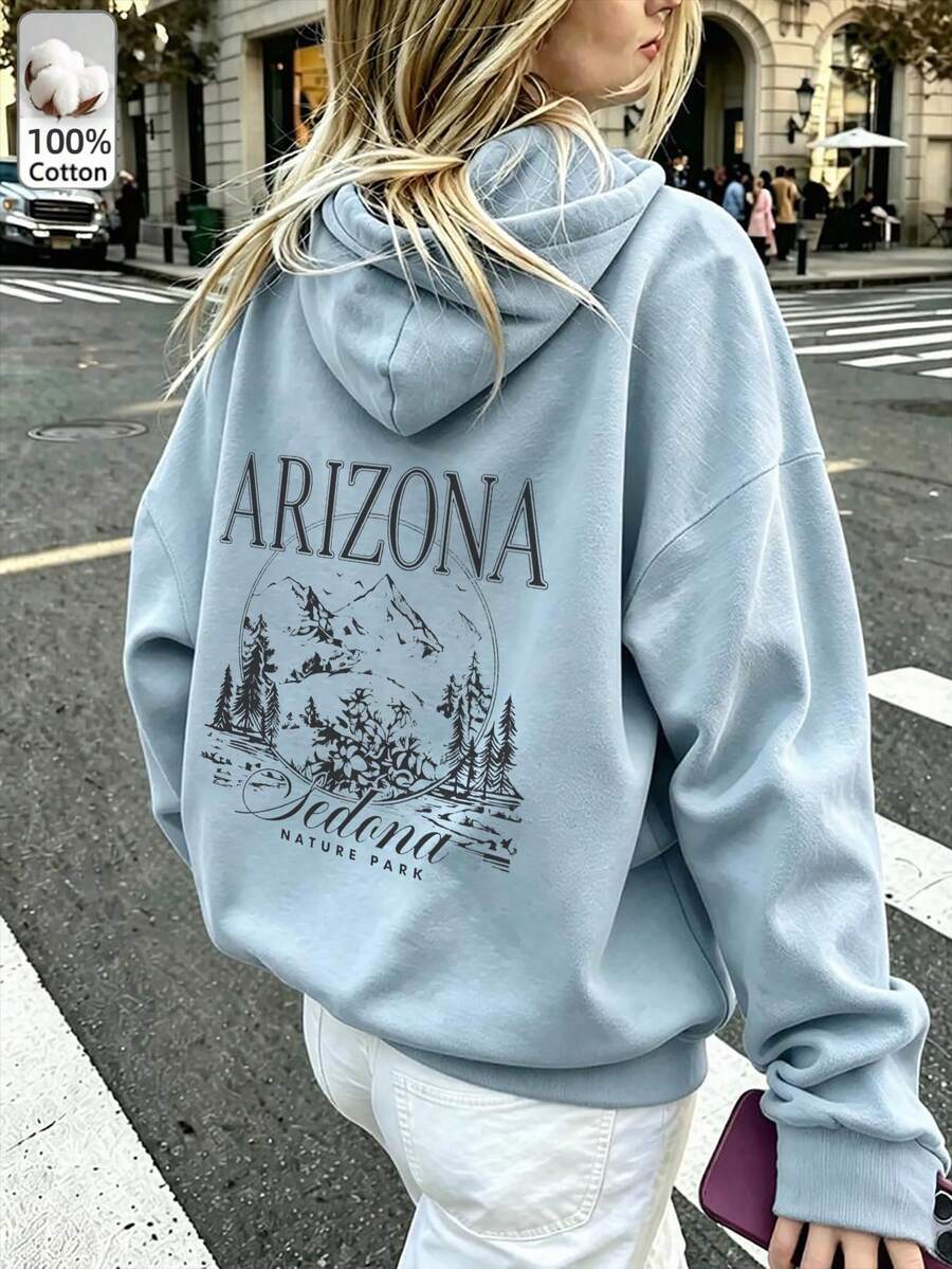 Oversized Women's Sweatshirt For Autumn/Winter, Long-Sleeve Hoodie With Pockets, Casual Top, Y2K Style, Daily Letter Graphic Print, Unisex, Streetwear - Light Blue - View 1