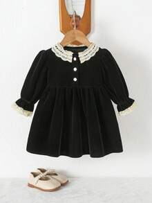 1pc Baby Girl Black Velvet Lace Collar Long Sleeve Dress, Front Button Vintage Palace Style High Waist A-Line Dress - Black - View 12