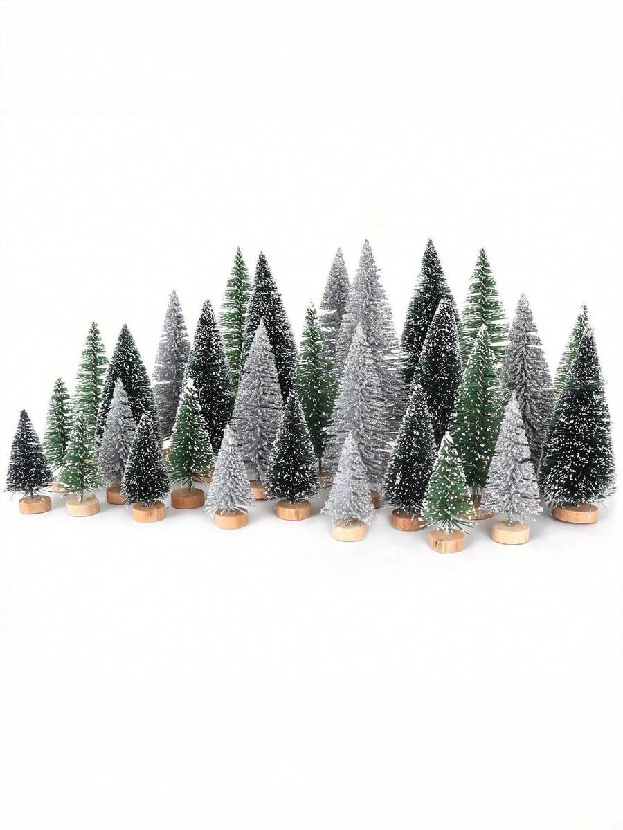 15pcs Mini Christmas Tree Decor Set - 5 Sizes Bottle Brush Christmas Trees With Wooden Bases, Miniature Pine Trees For Christmas Party Home Desktop Craft Decoration - Christmas Tree Decorations - View 1