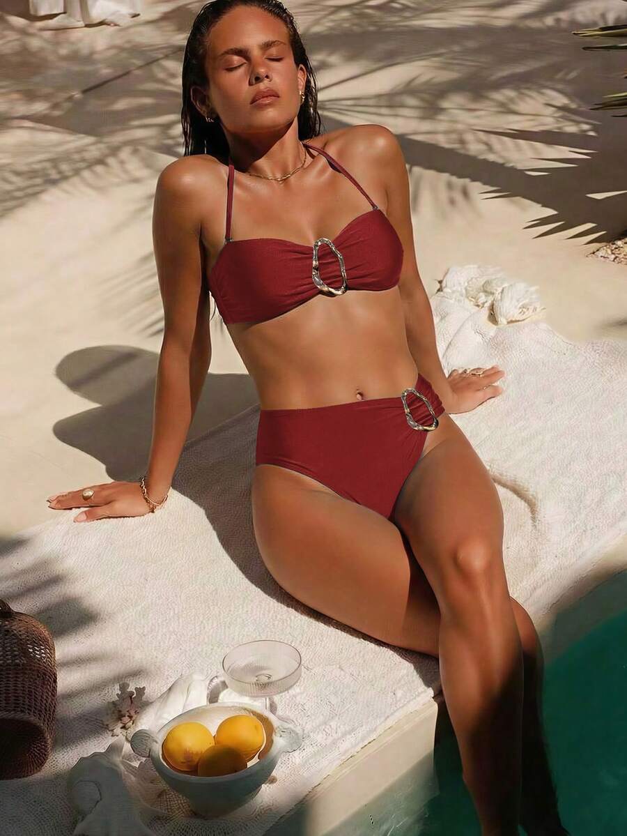 Women's Solid Color Halter Neck Bikini Two Pieces Set, With Metal Accessory In The Middle, Suitable For Island Vacation Beach Summer - Burgundy - View 1