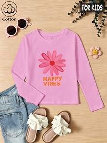 Girls Cotton Raglan Long Sleeve T-Shirt For Fall Winter, Pink Floral Print And Orange 'HAPPY VIBES' Graphic, Cute Sweet Preppy Style - Light Wine Red - View 3