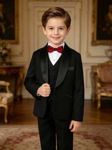 Young Boy Shawl Collar Long Sleeve Suit Jacket, Single Breasted Waistcoat And Trousers, Spring/Autumn Formal Outfit Set - Black - View 2
