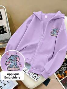 Sweet Girl Zipper Hooded Jacket, Cute Blue Rabbit Heart Applique Embroidery Soft Autumn/Winter Campus Coat - Mauve Purple - View 1