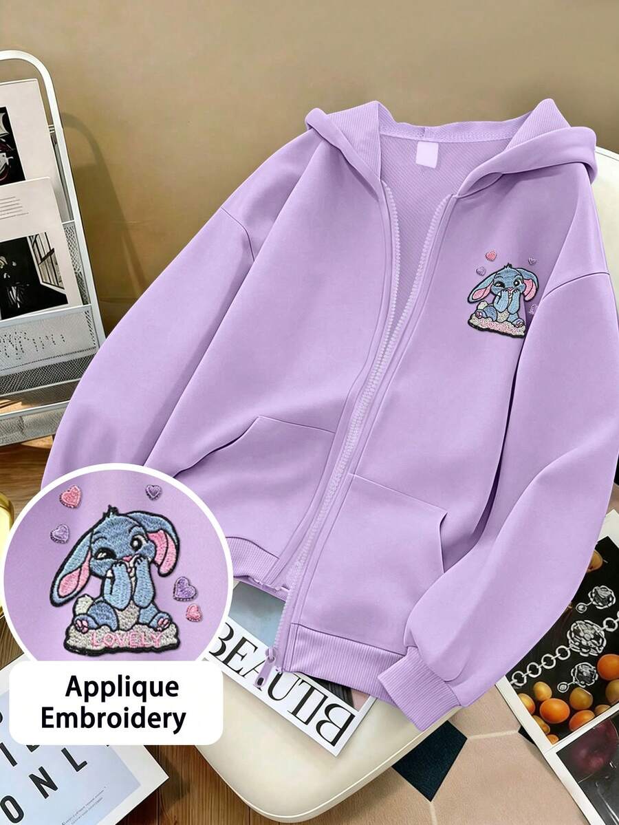 Sweet Girl Zipper Hooded Jacket, Cute Blue Rabbit Heart Applique Embroidery Soft Autumn/Winter Campus Coat - Mauve Purple - View 1
