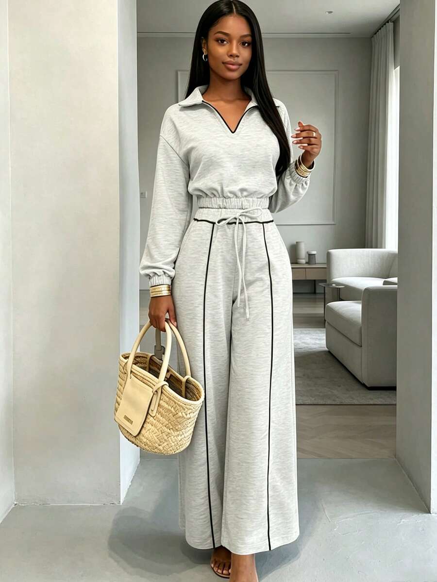 RNU Women's Light Gray Lapel Half-Zip Sweatshirt 2 Pieces Set, Autumn/Winter Style, Cropped Waist Top With Contrast Color Drawstring Wide Leg Pants, Side Pockets Design, Loose Lantern Sleeves, Casual American Style, Comfortable For Daily Wear, Shopping And Home - Light Grey - View 1