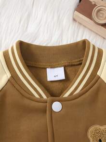Purechapter 2pcs Boys New Contrast Color Raglan Sleeve Baseball Jacket And Sports Long Pants, Pocket Patch Bear Design, Suitable For Outdoor, Holiday, Party, Daily Wear, Young Boy Gift, Collegiate Style, Autumn/Winter - Brown - View 4