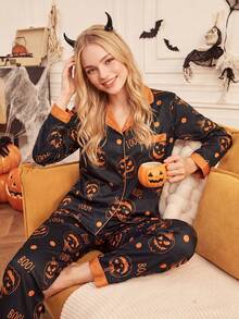 Notgurli 4-Piece Couples' Set: Women's & Men's Halloween Pajamas Button-Front Loungewear Fun Comfortable Pumpkin-Print Loungewear For Autumn/Winter - Multicolor - View 14