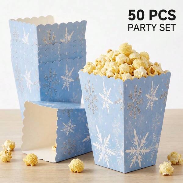 30 Cajas de Palomitas de Maíz con Copos de Nieve Azules, Cajas de Papel Desechables para Dulces y Aperitivos, Adecuadas para Suministros de Fiesta de Navidad con Tema de Mundo de Hielo y Nieve de Invierno y Regalos de Mesa