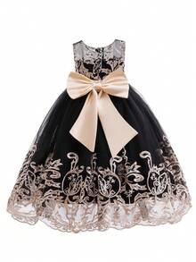 Young Girls' Sleeveless Sequin Mesh Big Bow Embroidered Puffy Dress, High-End, Suitable For Flower Girl Wedding, Birthday Party, Stage Performance And Other Important Occasions, Also Suitable For Various Important Festivals. - Black - View 7