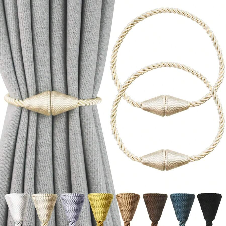 2 Pack Magnetic Curtain Tiebacks Rope Modern Handmade Curtain Tie Backs Decorative Drapes Weave Holdbacks For Window Decor - Beige - View 1